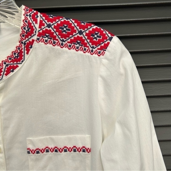 J. Crew Tunic/Mini Shirtdress Embroidered Red & Navy Geometric Patterns, Size Sm - Picture 6 of 16